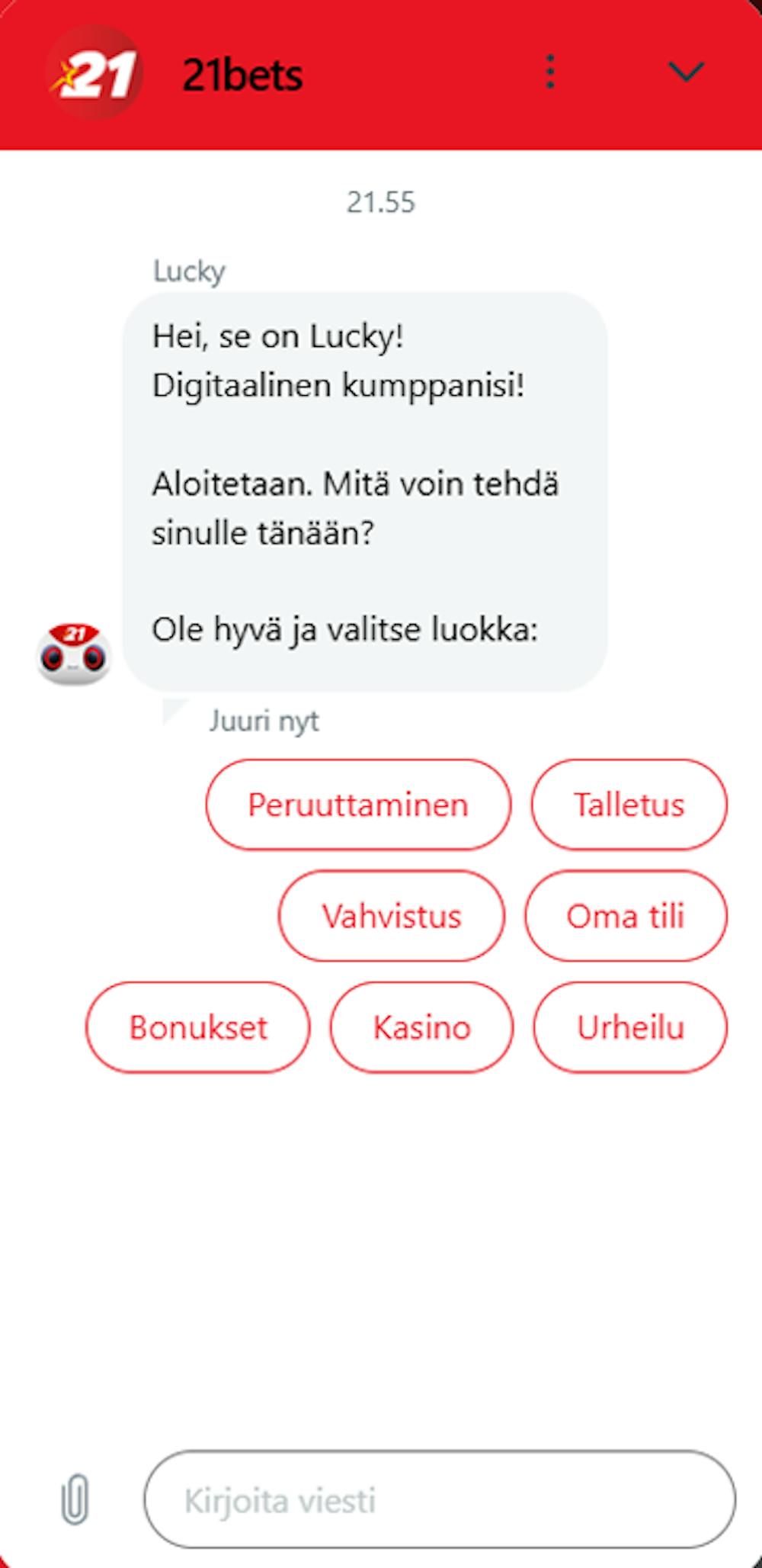 21Bets kasinolla saa vastauksia kysymyksiin myös suomeksi.