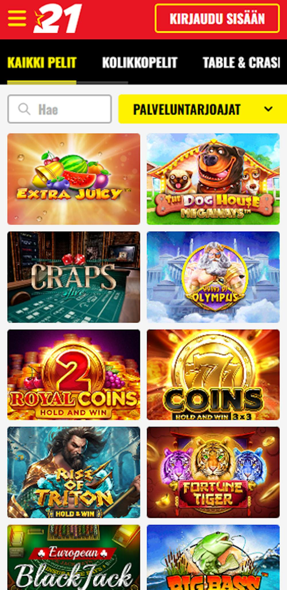 21 Bets Casinon peleihin kuuluvat esimerkiksi The Dog House ja Extra Juicy kolikkolit.