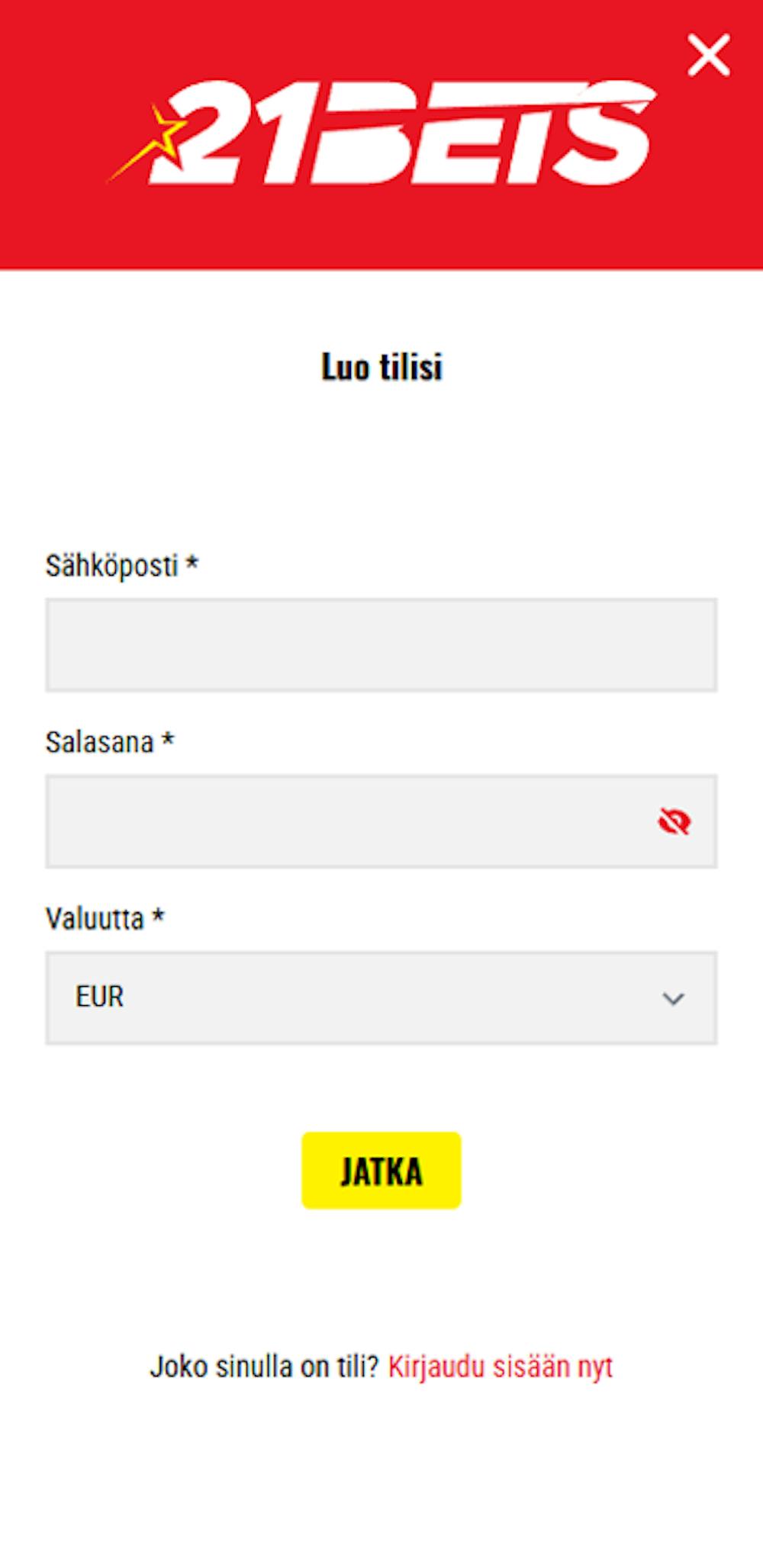 21Bets kasinon rekisteröitymislomake.