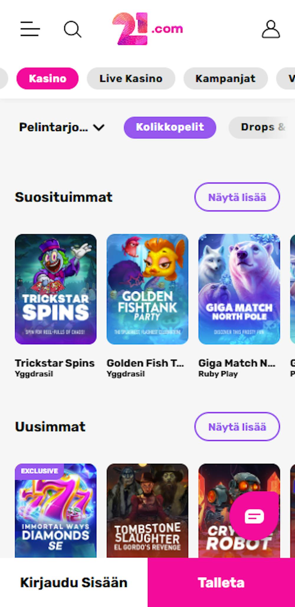 21.com Casinon pelivalikoima