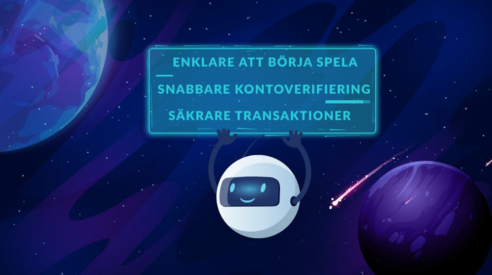 En rymdrobot håller upp en skylt med anledningar till att spela på ett casino med BankID.