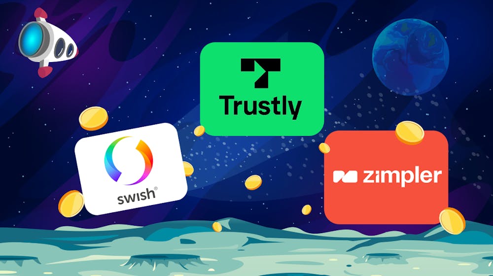 Logotyperna för tre vanliga betalningsmetoder på BankID casinon: Swish, Trustly och Zimpler.