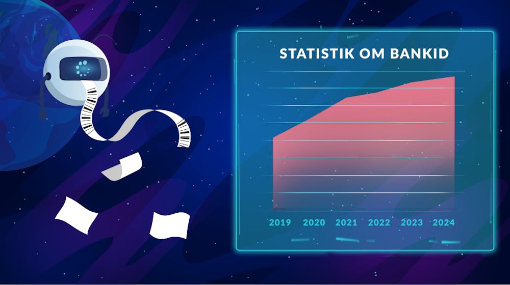 En rymdrobot visar upp statistik om användningen av BankID.
