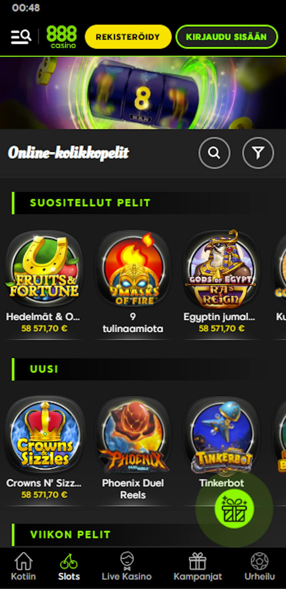 pelejä 888Casinolla