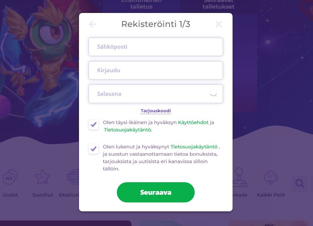 Rekisteröi uusi tili AlfCasinolle