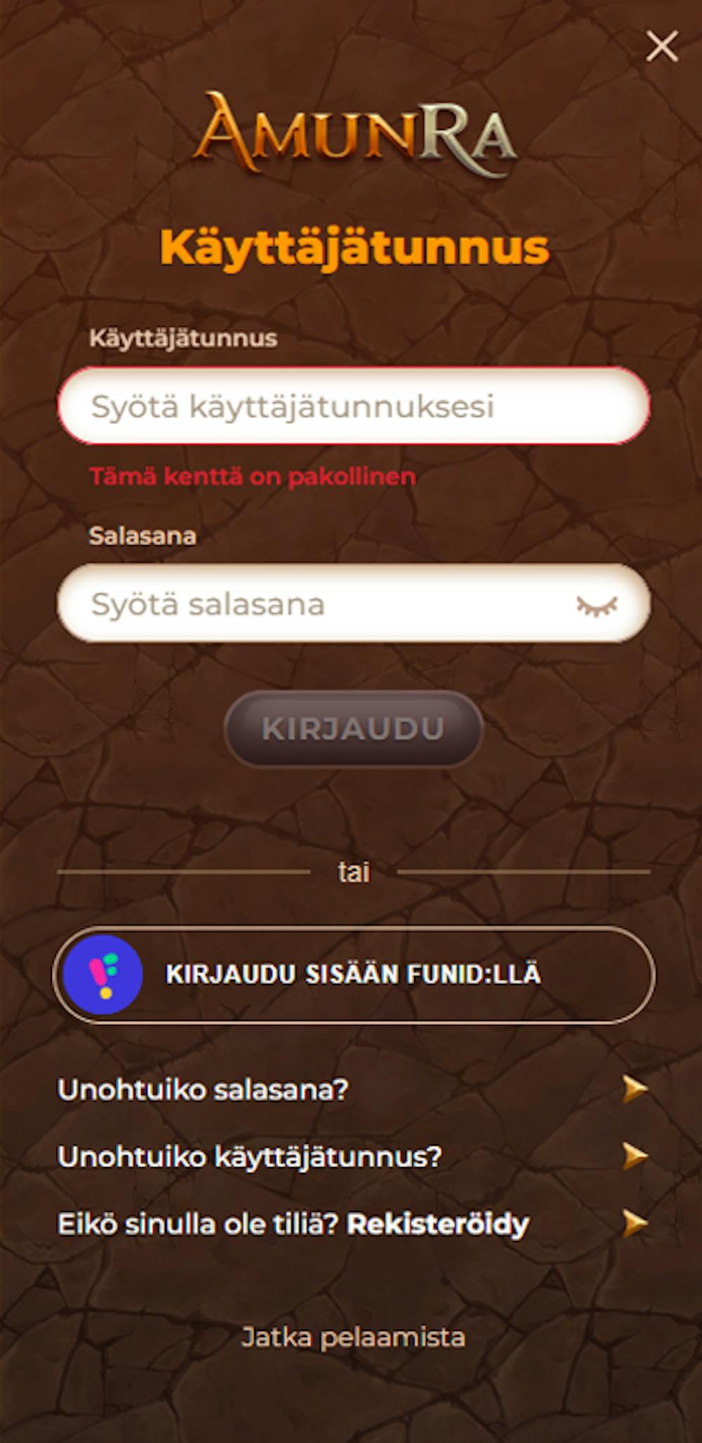 AmunRa rekisteröintisivu