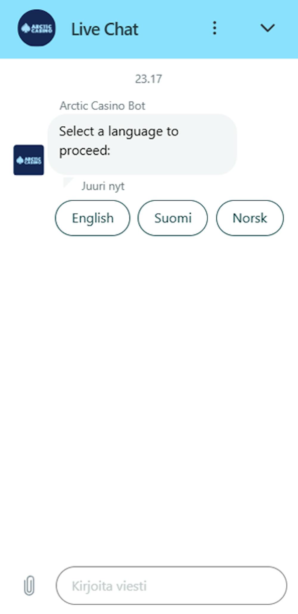 Arctic Casino antaa chatissa vaihtoehdoksi suomen kielen.