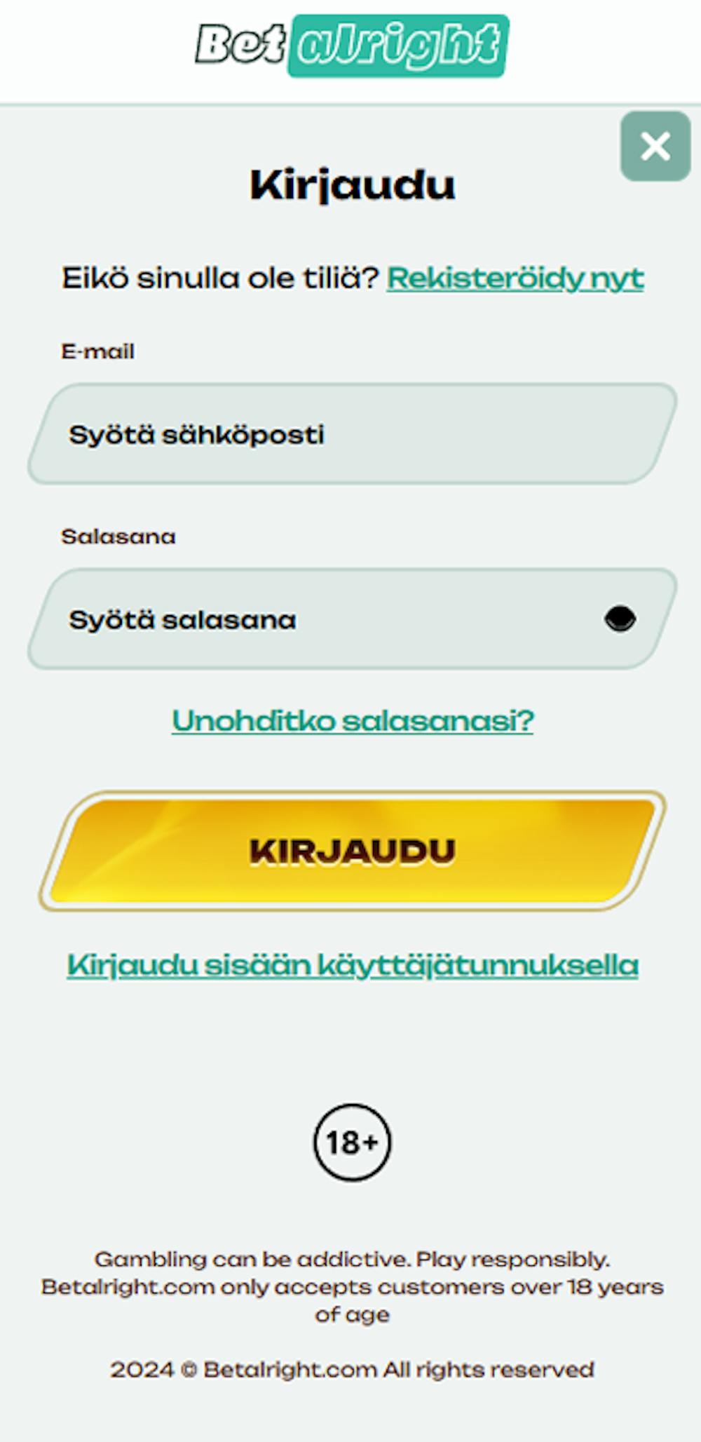 Pelitilin avaus ja talletus Betalright kasinolle