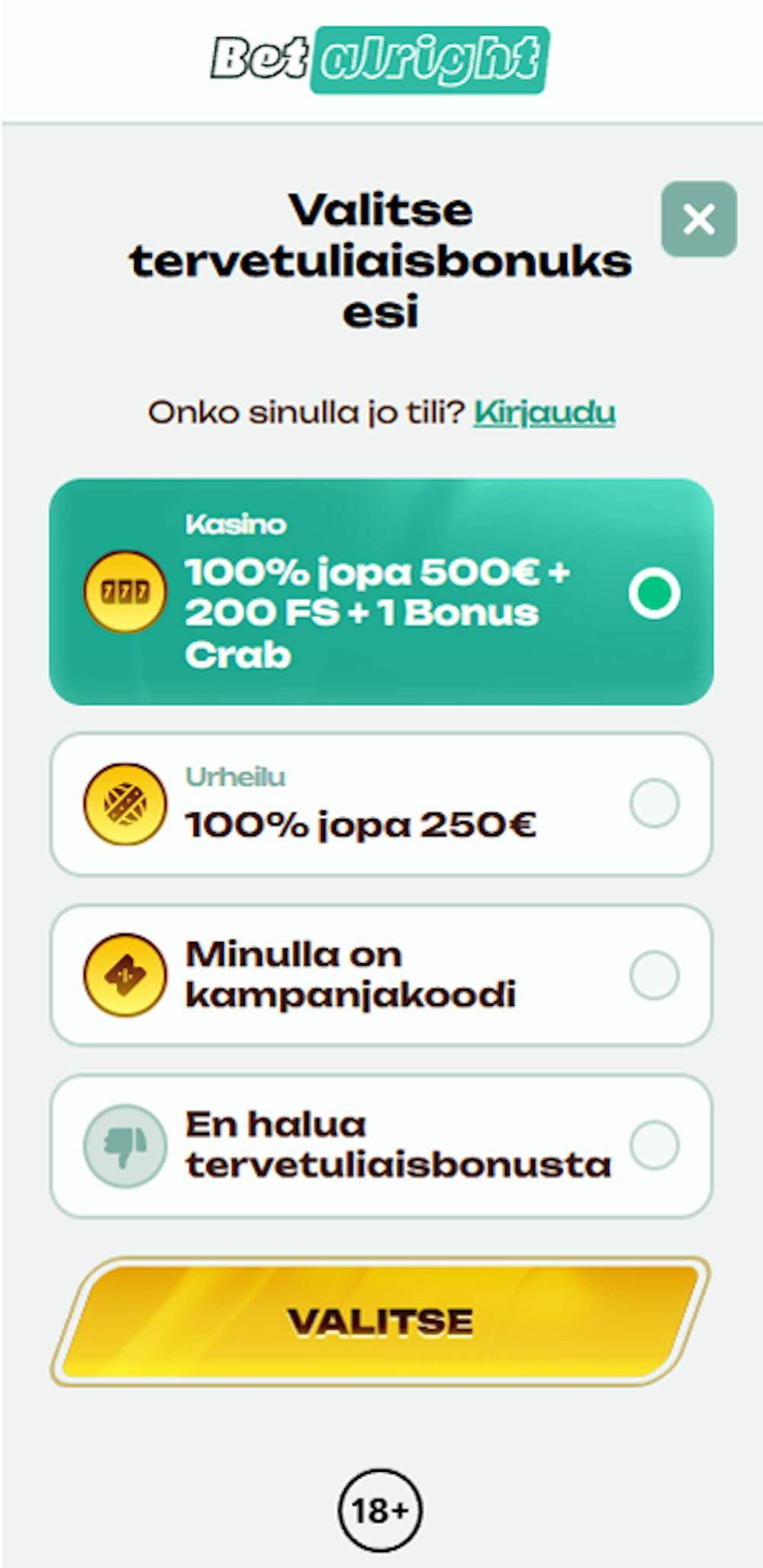 Betalright kasinon tervetuliaistarjous