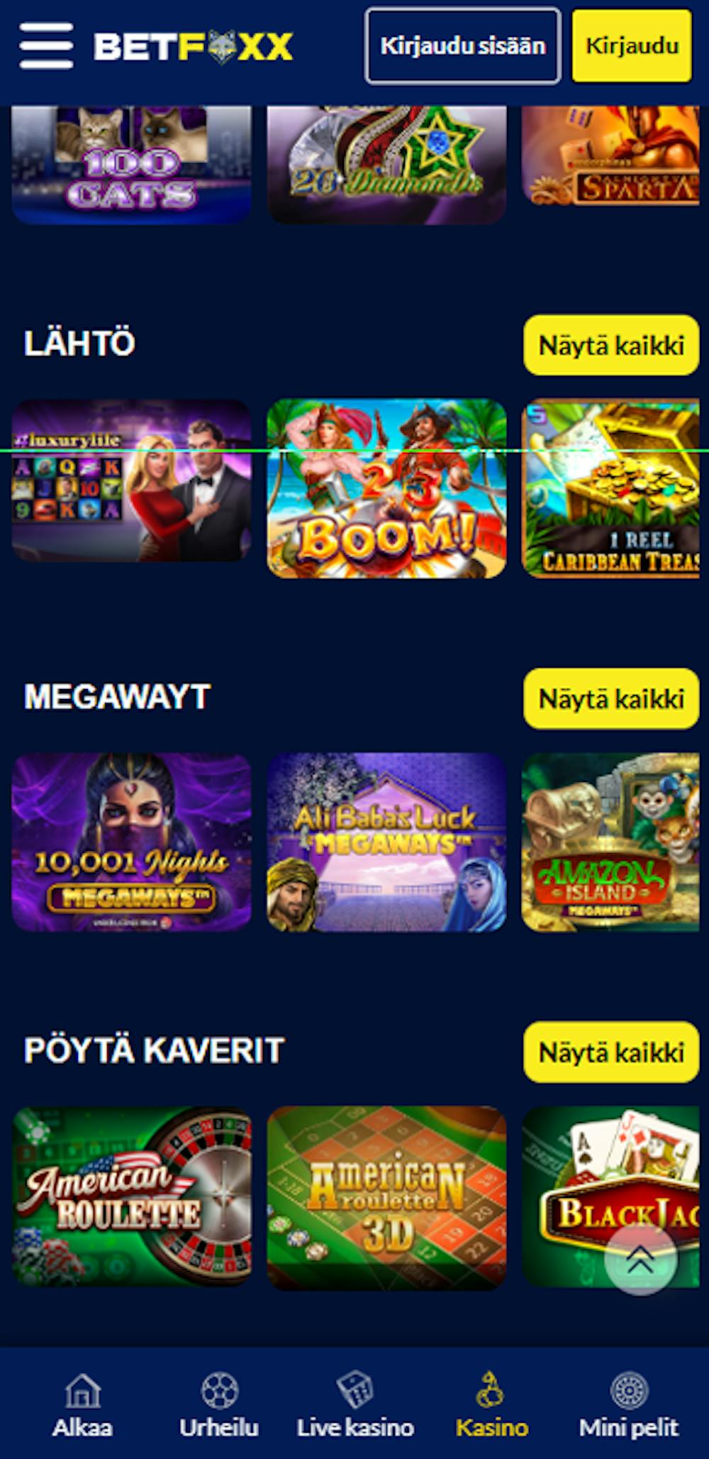 Betfoxx nettikasinon pelivalikoimaa