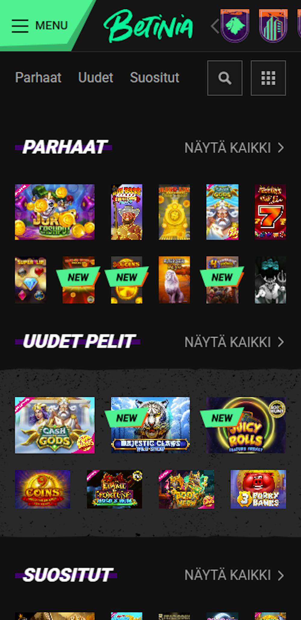 Betinia nettikasinon pelivalikoimaa