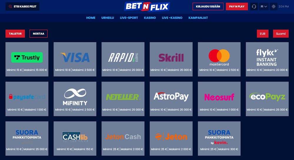 BetNFlex Casinon maksuvaihtoehdot