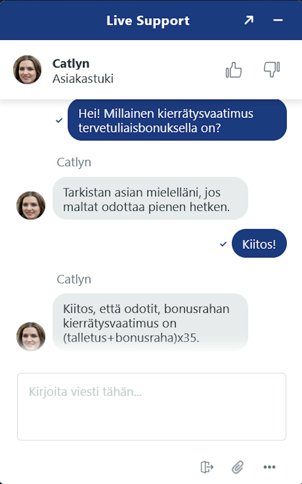 Betwarts kasinon asiakastuki palveli suomeksi.