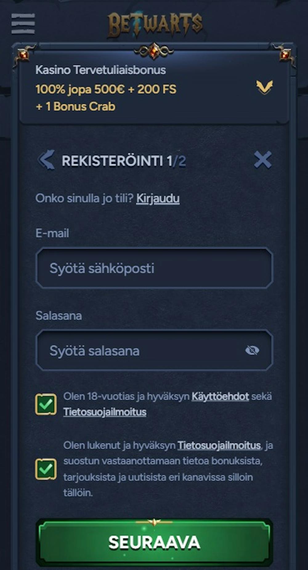 Betwarts kasinon rekisteröitymislomake.