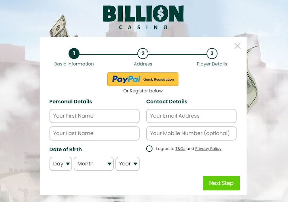 Rekisteröi uusi tili Billion Casinolle