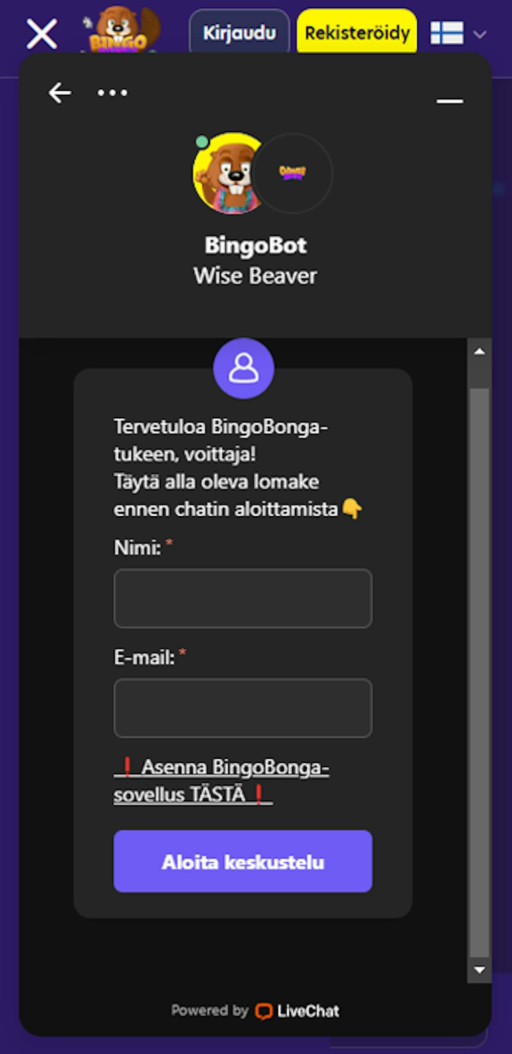 Bingo Bonga Casinon asiakaspalvelu
