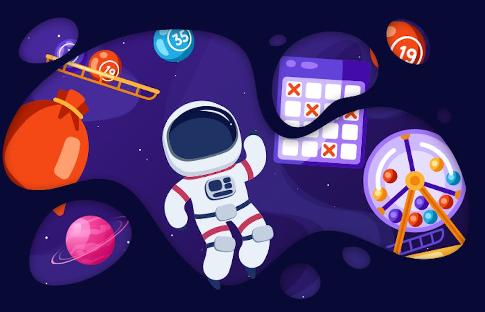 Astronautti avaruudessa ja bingokortti sekä lottonumerot