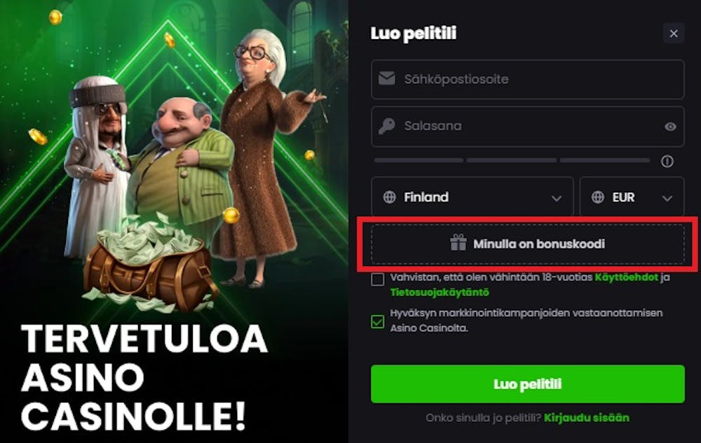 Esimerkiksi Asino casino pyytää mahdollista bonuskoodia sivustolle rekisteröityviltä.