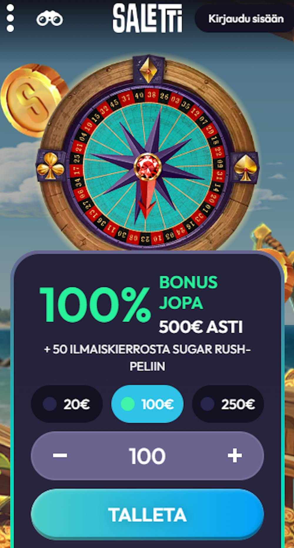 Saletti Casinon tervetuliaispaketti on 100 % bonus 500 euroon asti sekä 50 ilmaispyöräytystä-