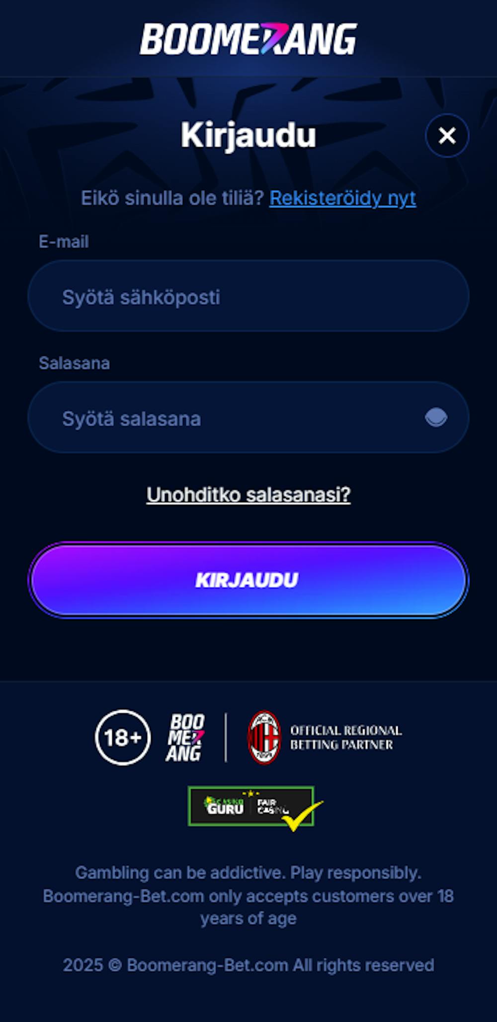 Rekisteröityminen BoomerangBet nettikasinolle