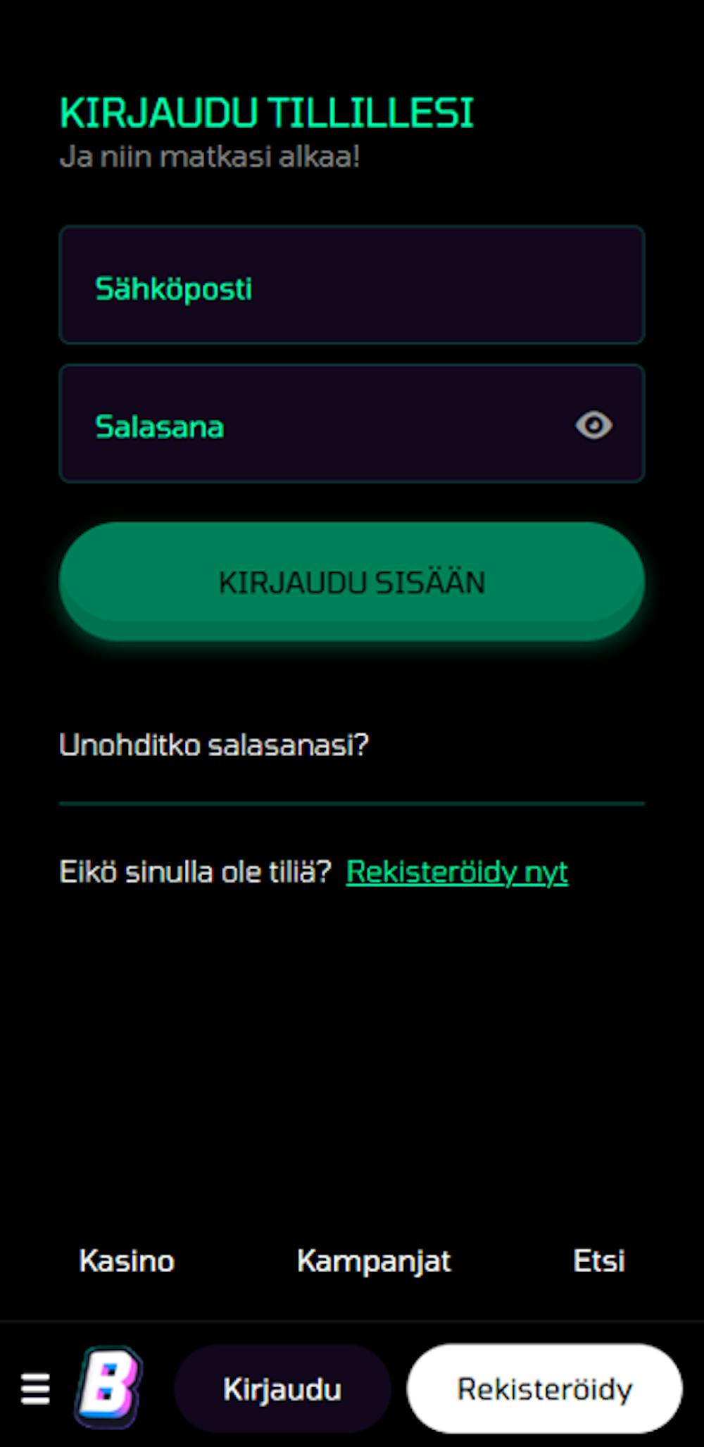 Pelitilin avauslomake Buumiin
