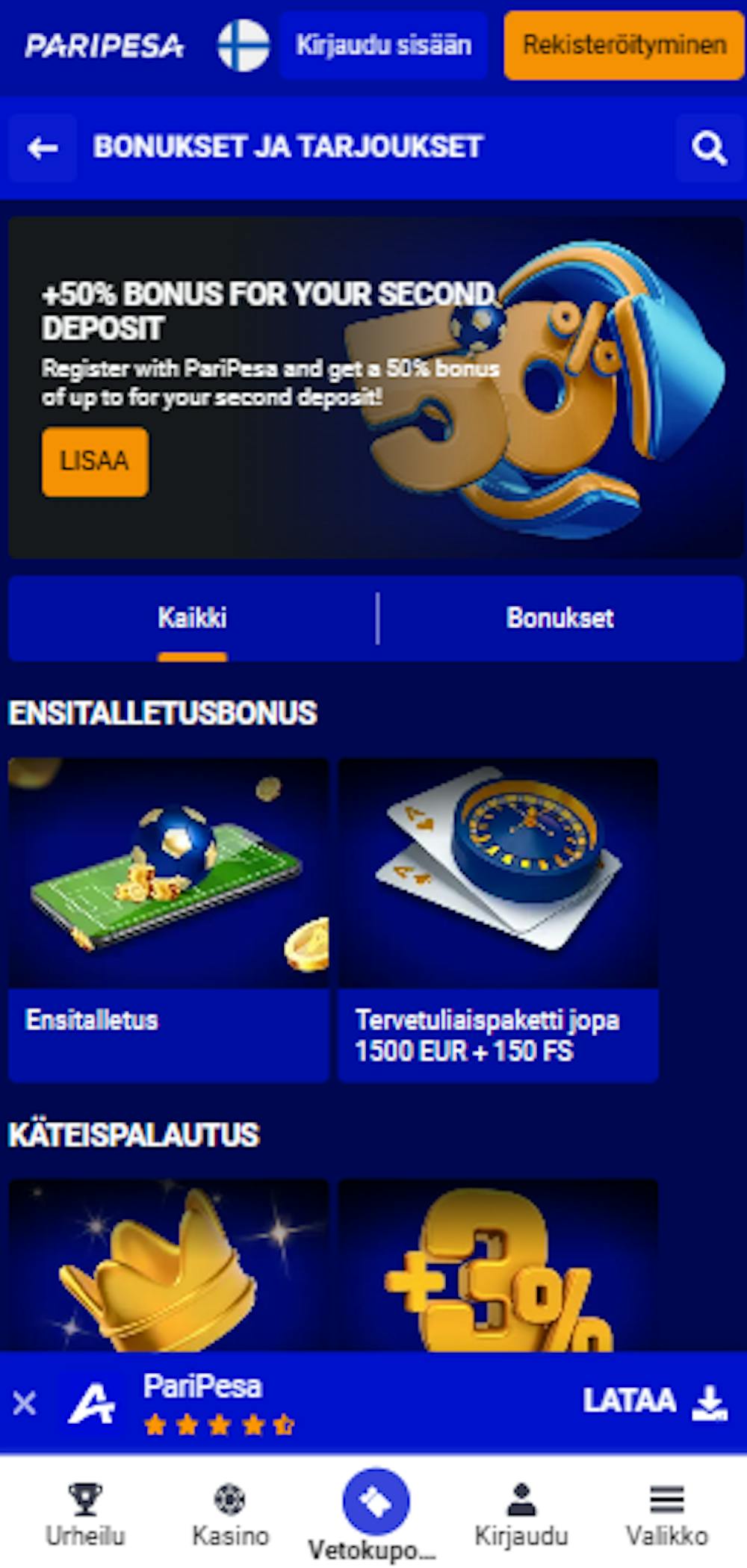 Paripesa kasinon kampanjatarjontaa.