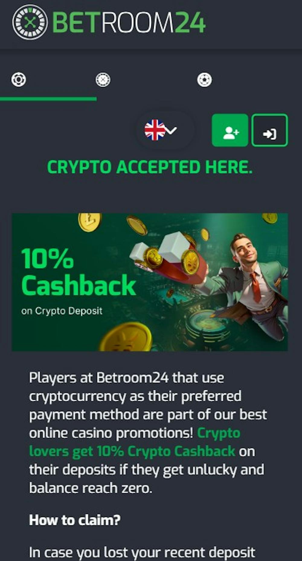 Betroom24 Casinon kampanjasivuilta löytyy muun muassa hyvä cashback-tarjous.
