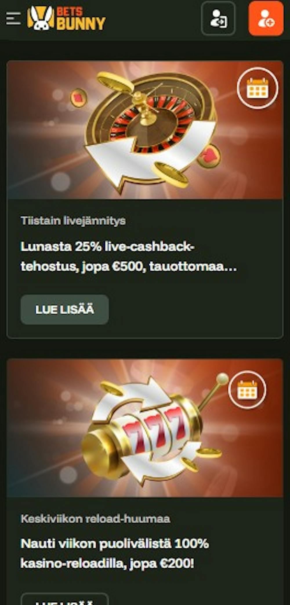 Betsbunnyn kampanjatarjouksiin kuuluvat esimerkiksi live-cashback ja reload-bonukset.