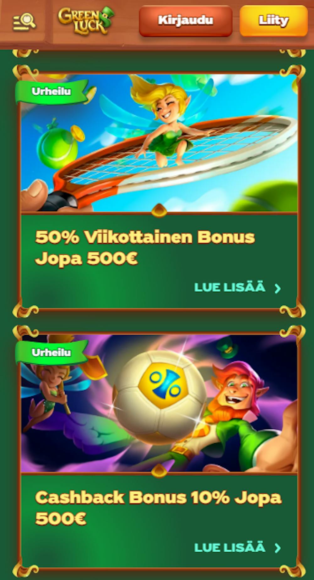 Green Luck kasinon kampanjoihin kuuluu viikoittainen talletusbonus ja cashback. 