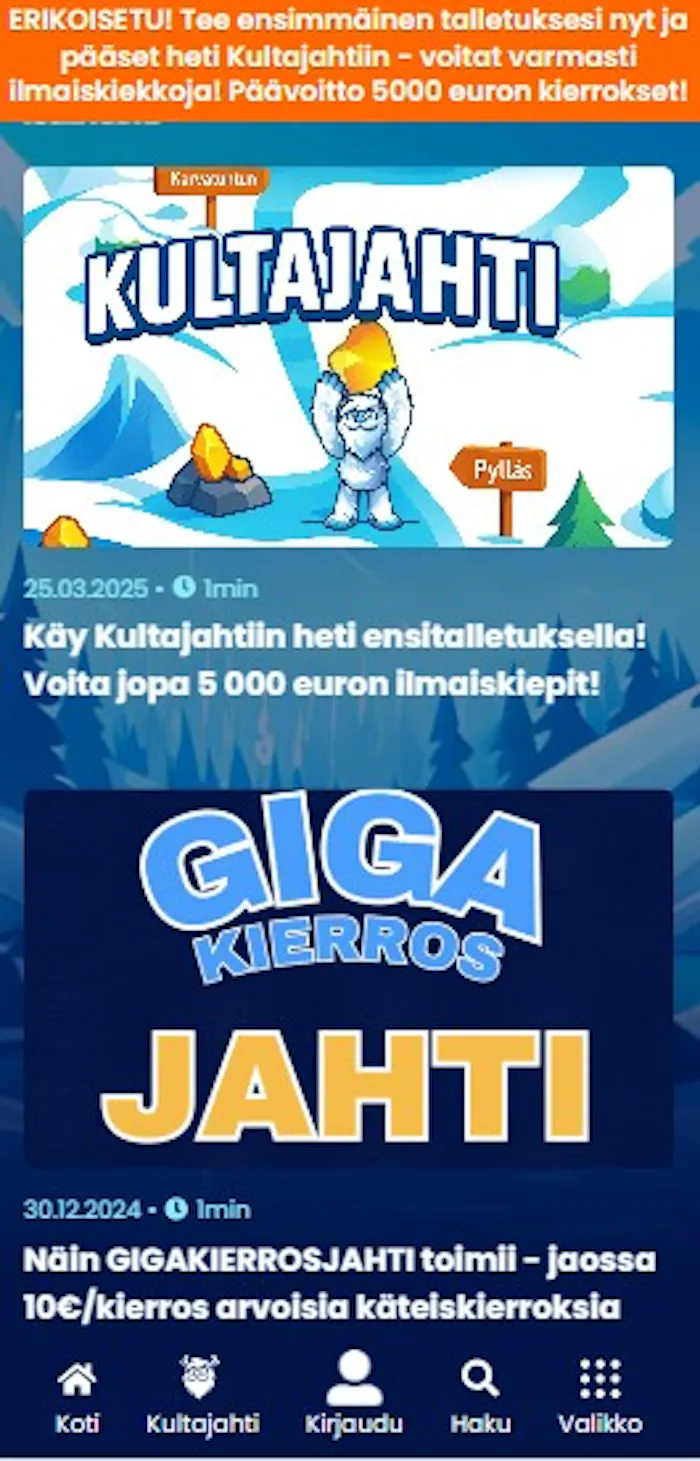Lapland kasinon kampanjatarjontaan kuuluu tällä hetkellä Kultajahti ja Gigakierrokset.
