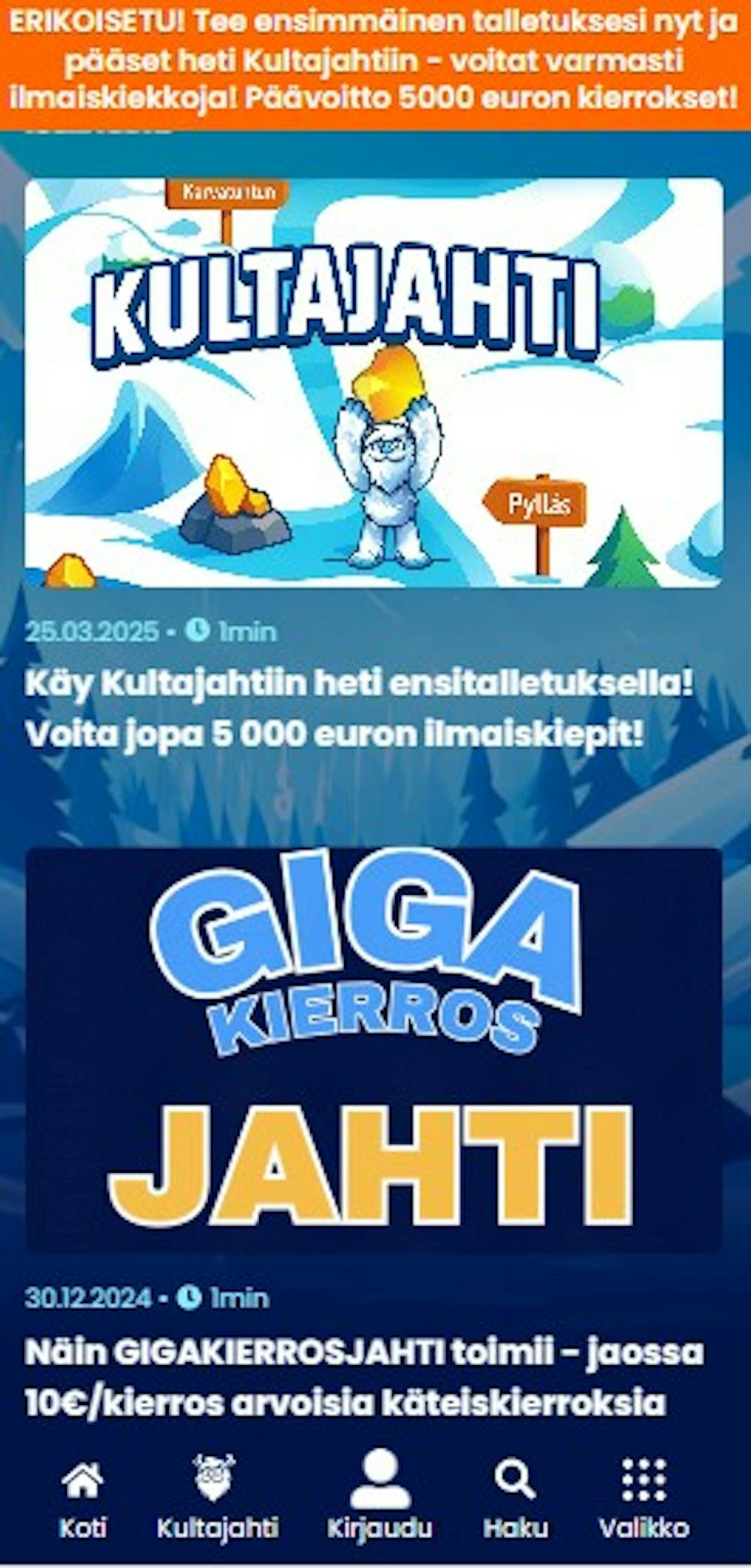 Lapland kasinon kampanjatarjontaan kuuluu tällä hetkellä Kultajahti ja Gigakierrokset.