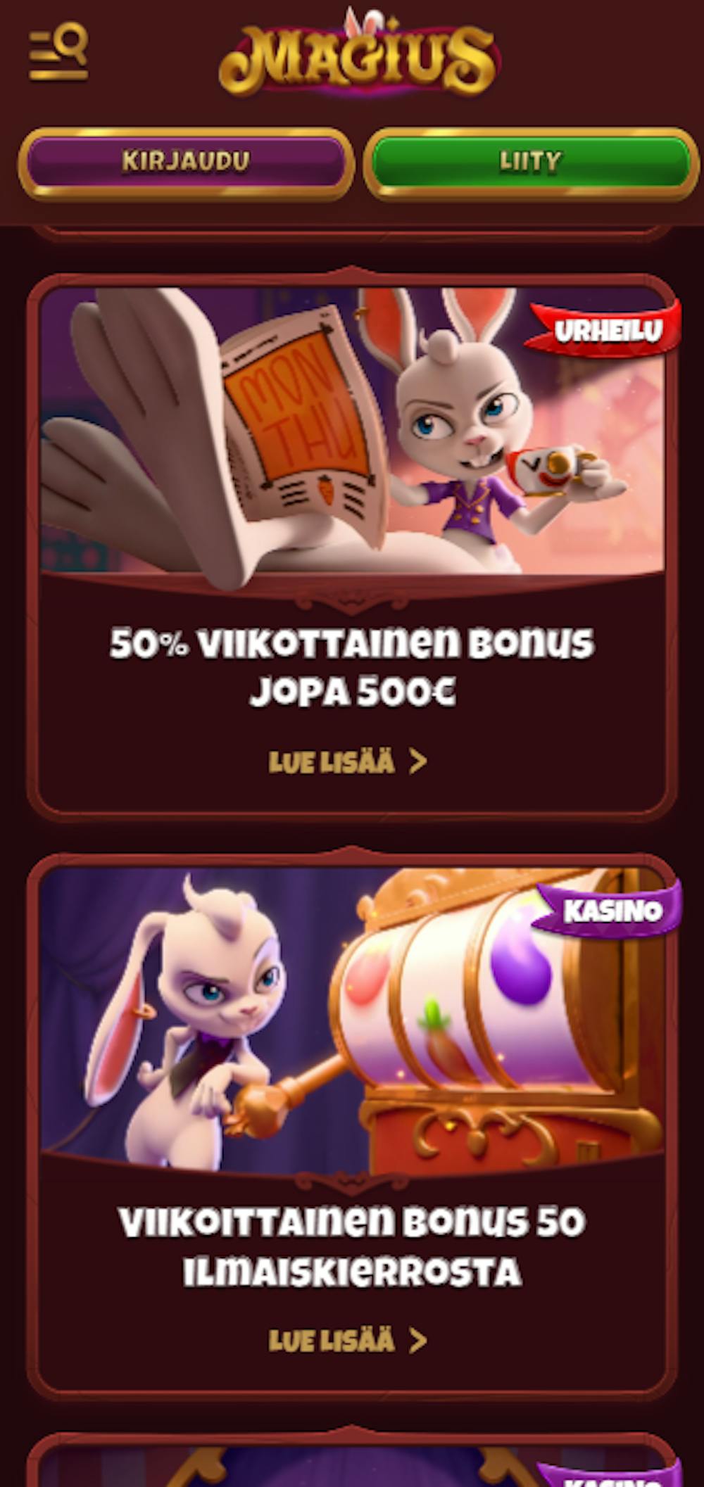 Magius kasinon kampanjoihin kuuluvat viikoittaiset talletusbonukset ja ilmaiskierrokset.