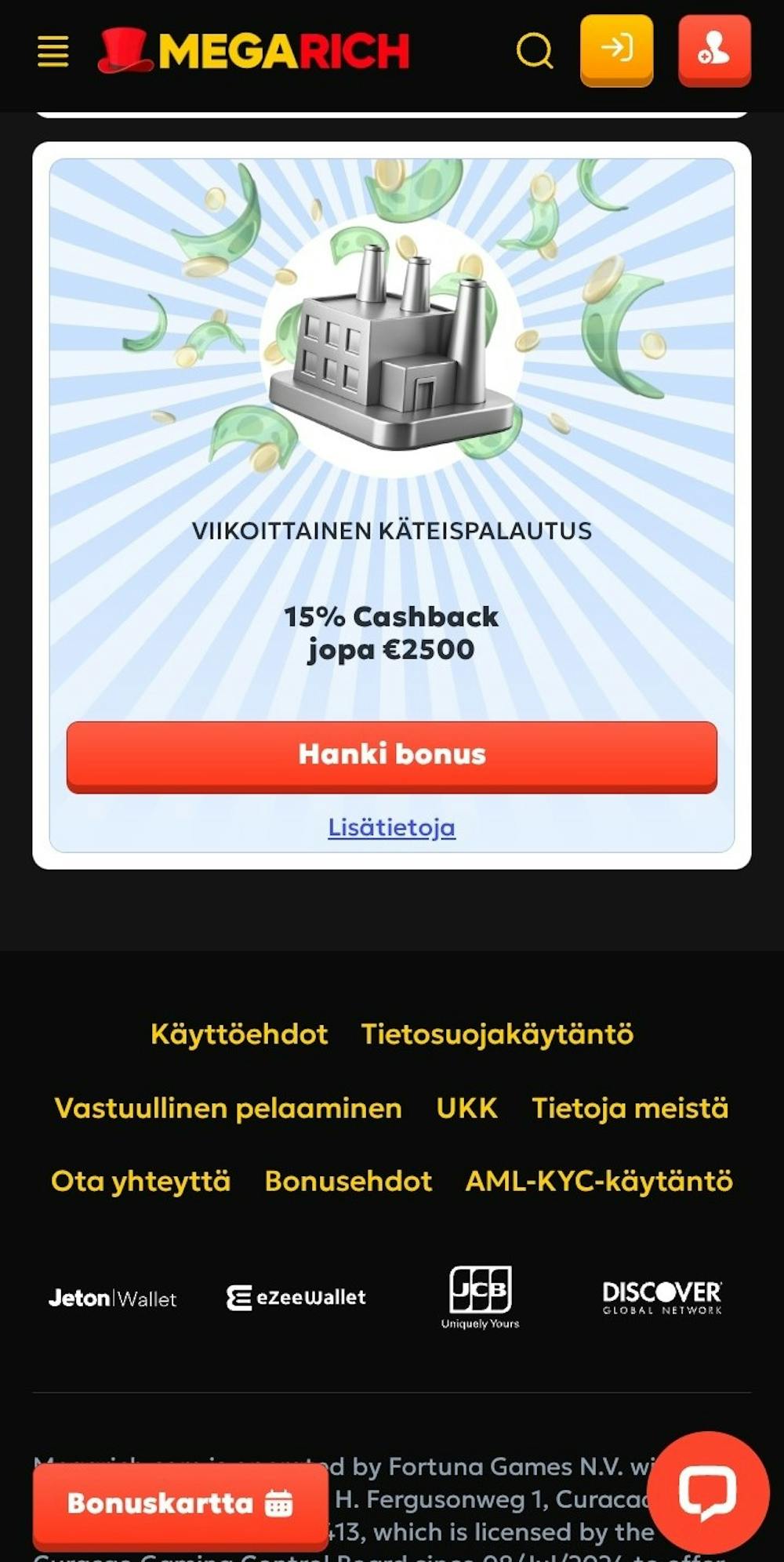 Megarich kasinon kampanjatarjontaan kuuluu myös cashback.