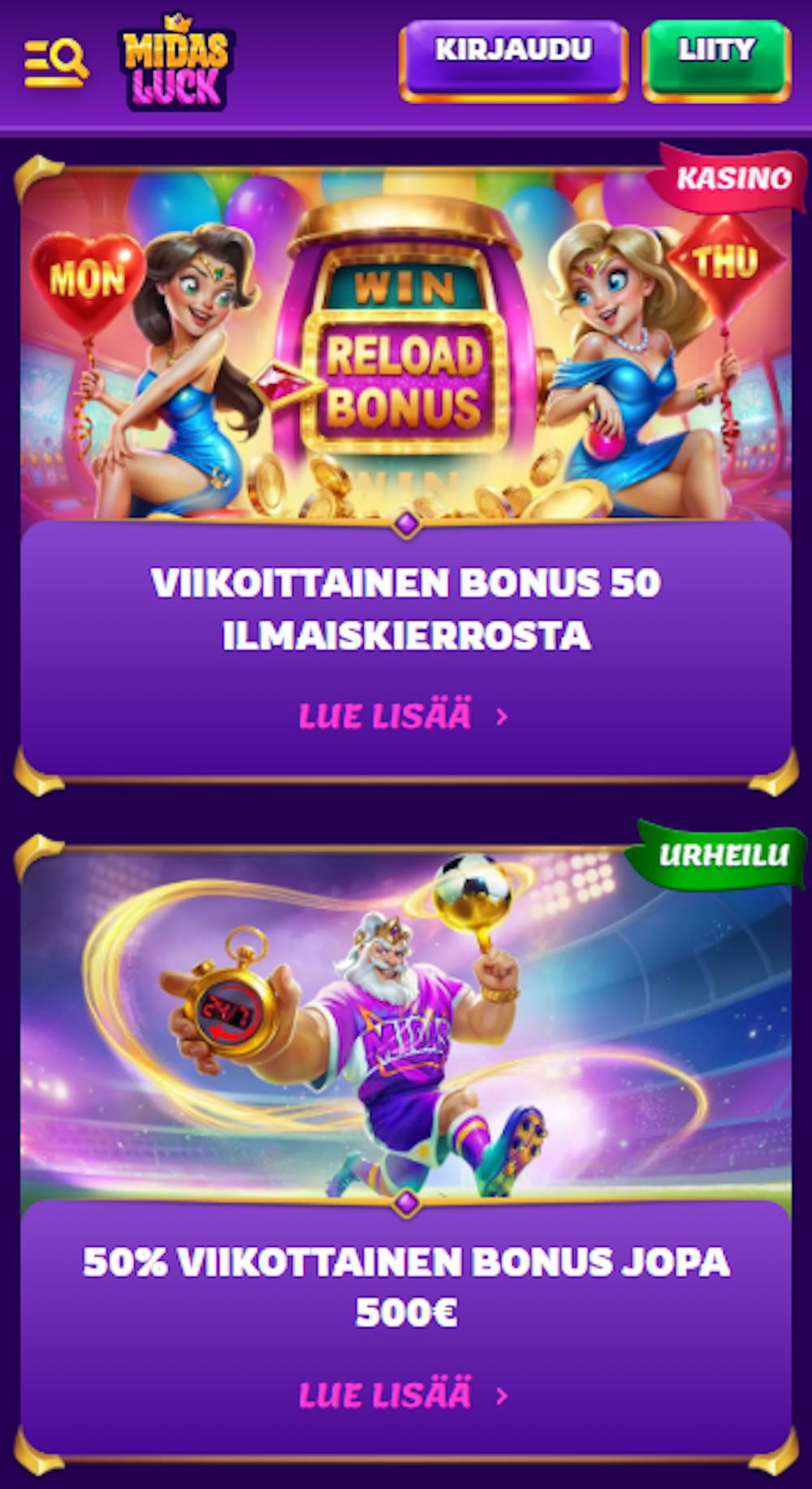 Midas Luck Casinon kampanjoihin lukeutuvat viikoittaiset ilmaiskierrokset ja viikoittainen talletusbonus.