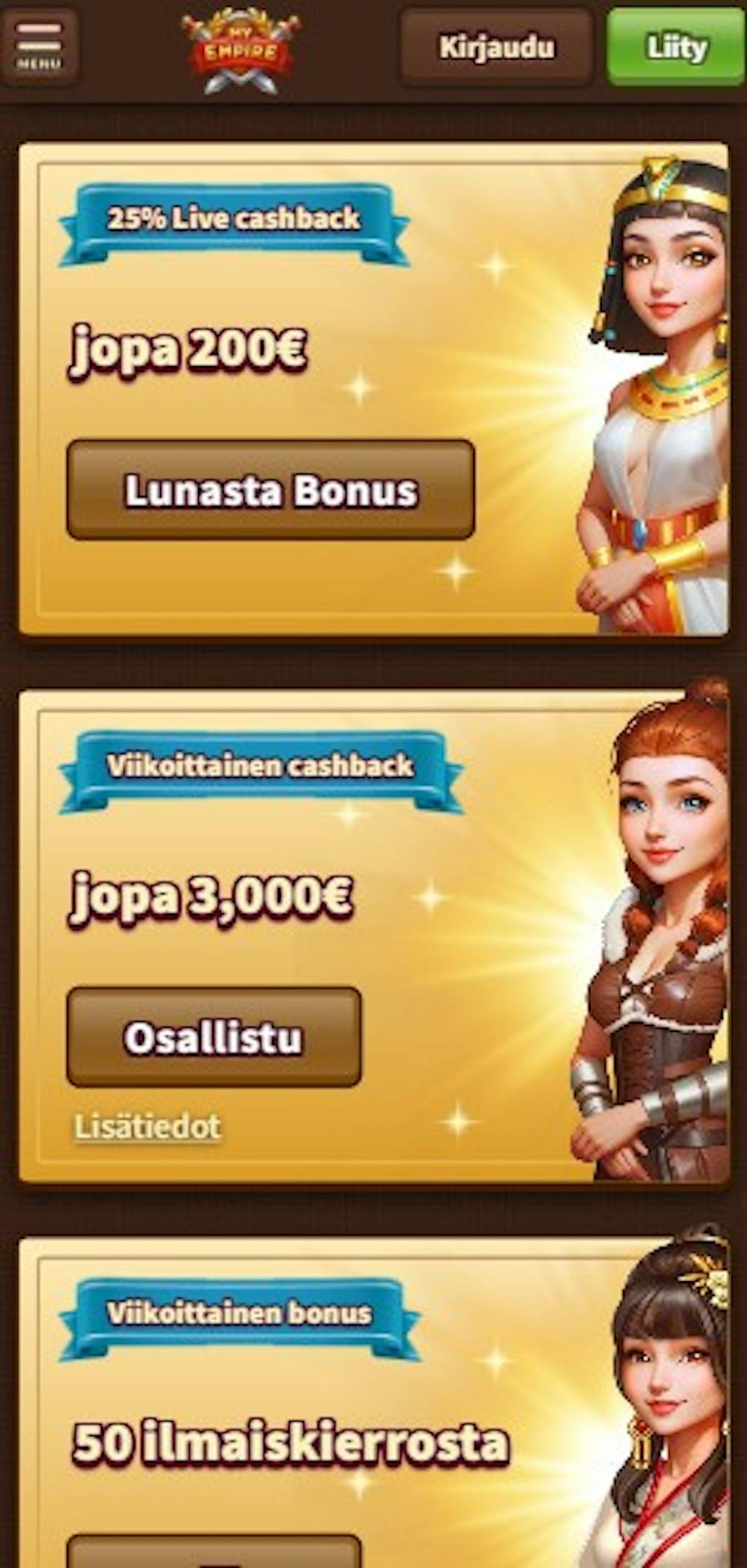 My Empire Casinolla on muun muassa cashback kampanjoita.