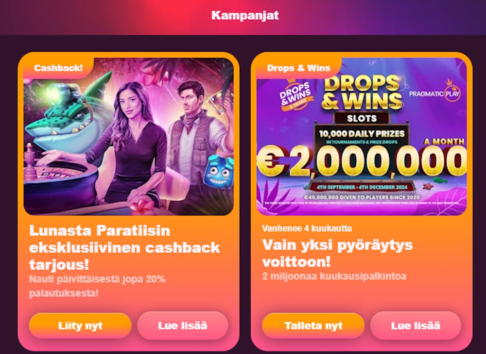 Paratiisi Casinom kampanjoita ovat cashback ja Drops & wins.