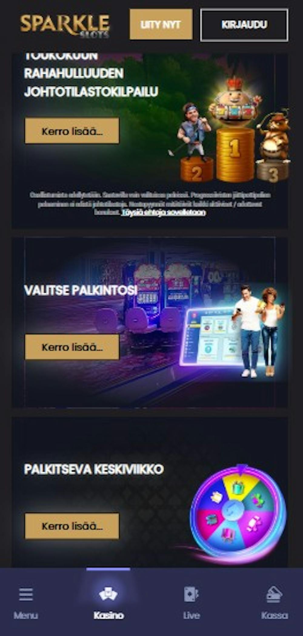 Sparkle Slots Casinon kampanjatarjontaa.