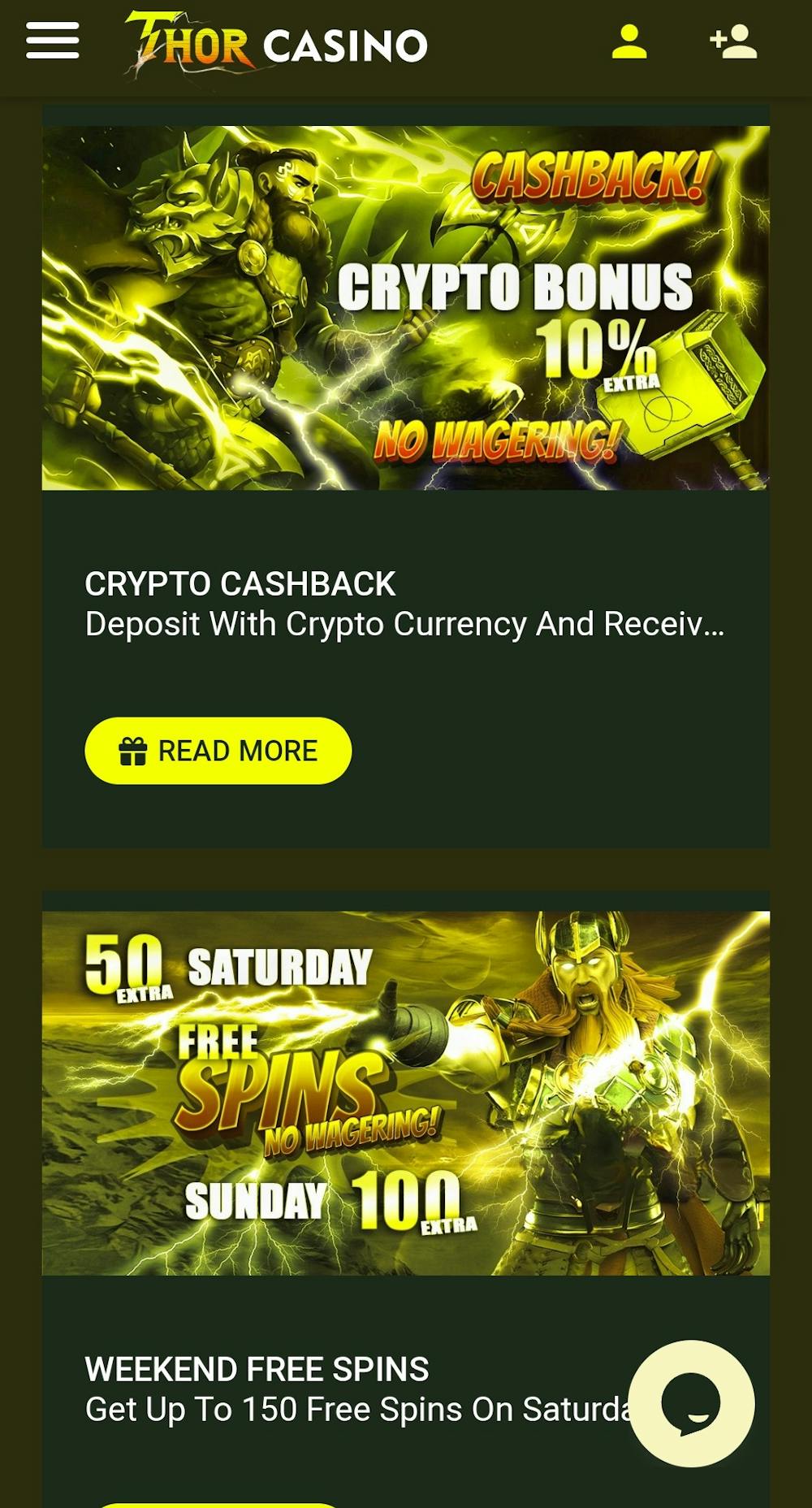 Thor Casinon kampanjoihin lukeutuu esimerkiksi krypto cashback ja viikonlopun ilmaiskierrokset.