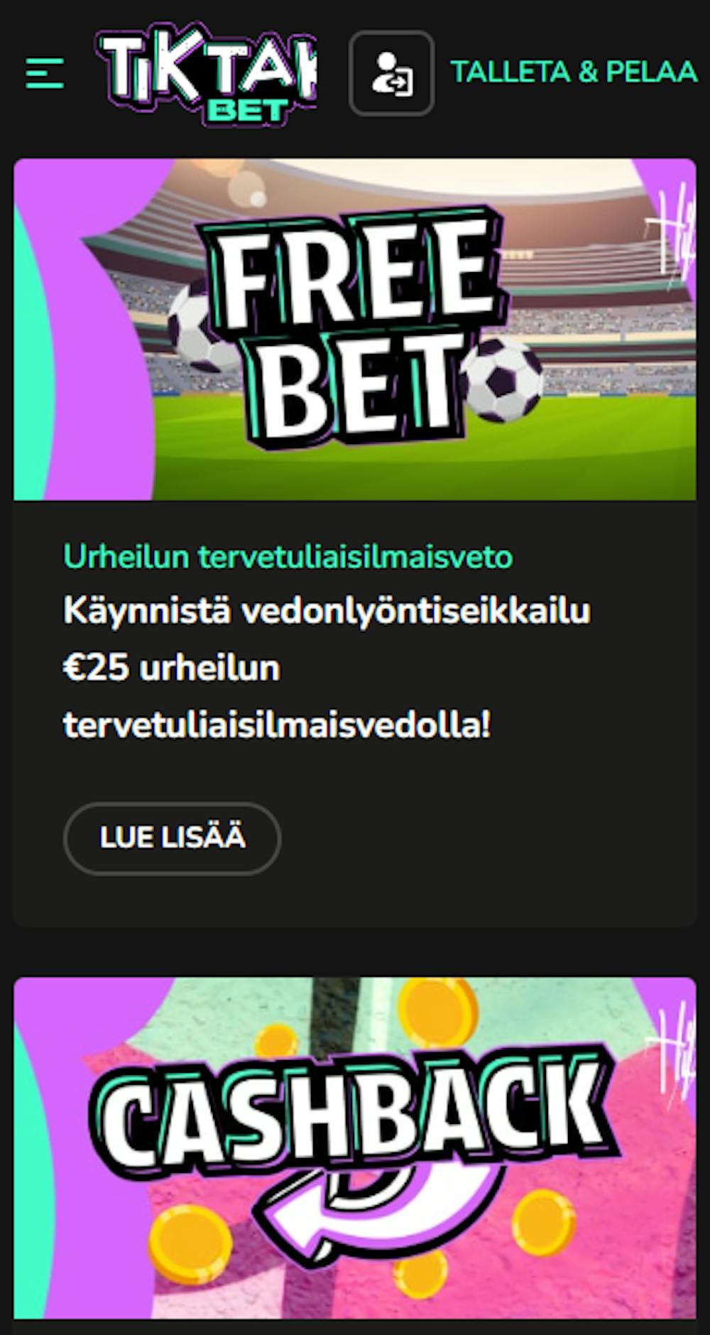 TikTakBet Casinon tarjouksiin kuuluu esimerkiksi ilmaisveto ja cashback.