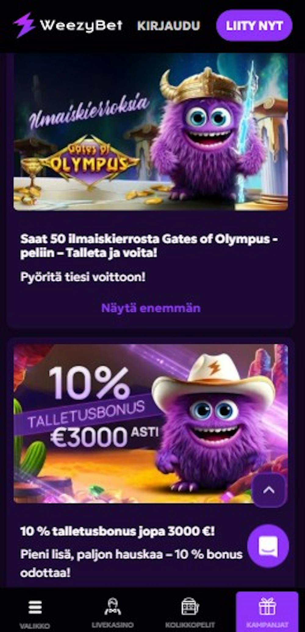 Weezybet kasinon kampanjatarjontaa, esimerkiksi ilmaiskierroksia ja talletusbonuksia.