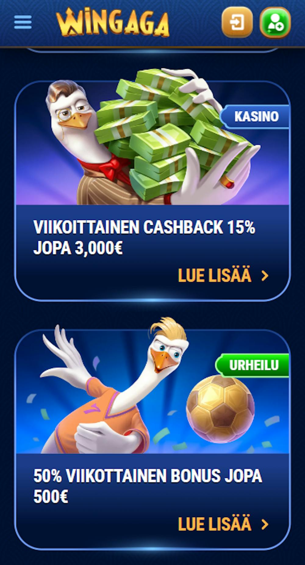Wingaga kasinolla on tarjouksena viikoittainen cashback ja viikoittainen talletusbonus.