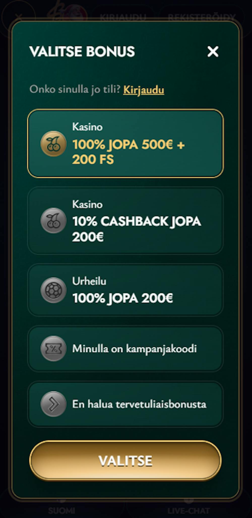 Cashed Casinon tervetuliaisbonus