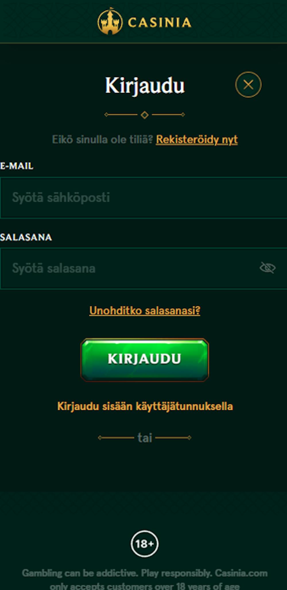 Casinia kasinolle rekisteröidytään perinteiseen tyyliin.