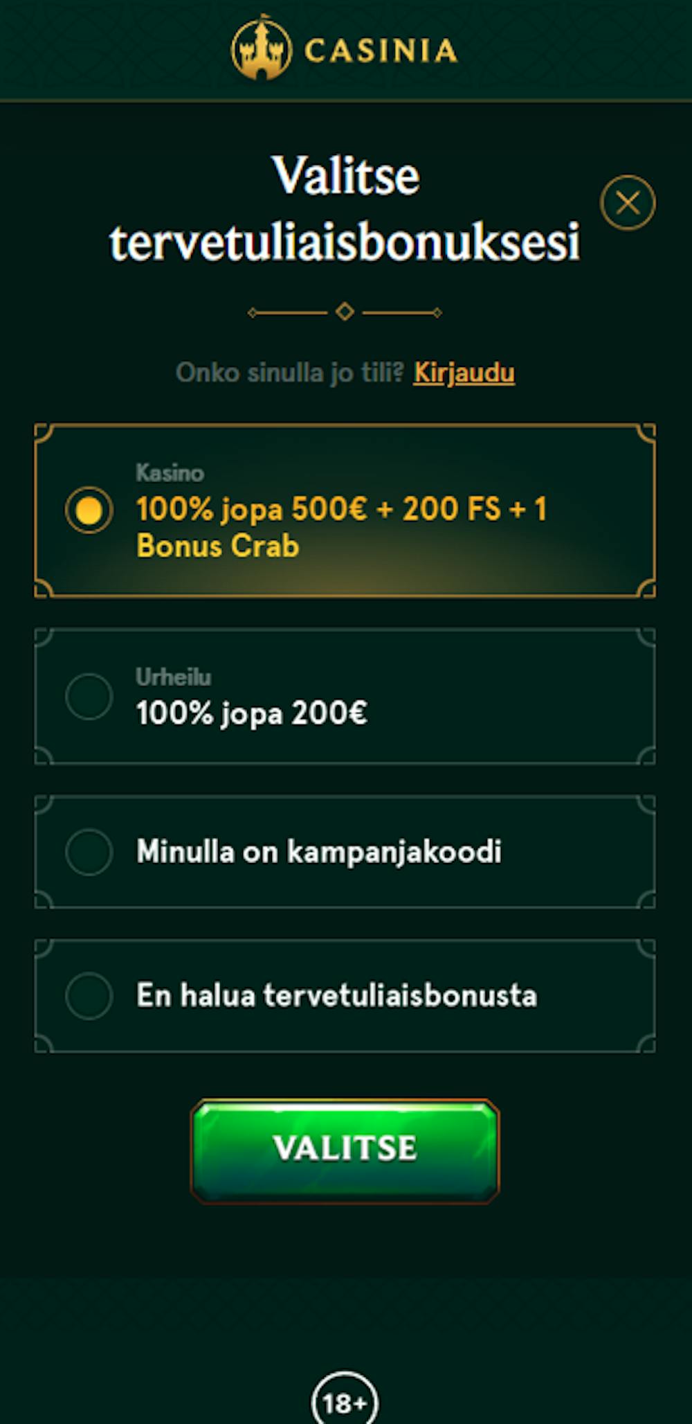 Casinia kasino tarjoaa uusille pelaajille 100 % bonuksen jopa 500 euroon sekä ilmaispyöräytyksiä.