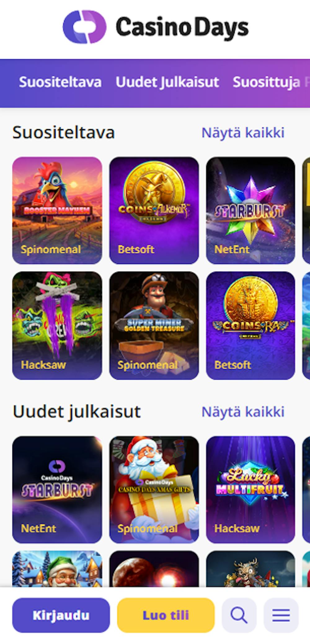 Casino Days kasinon pelivalikoimaa