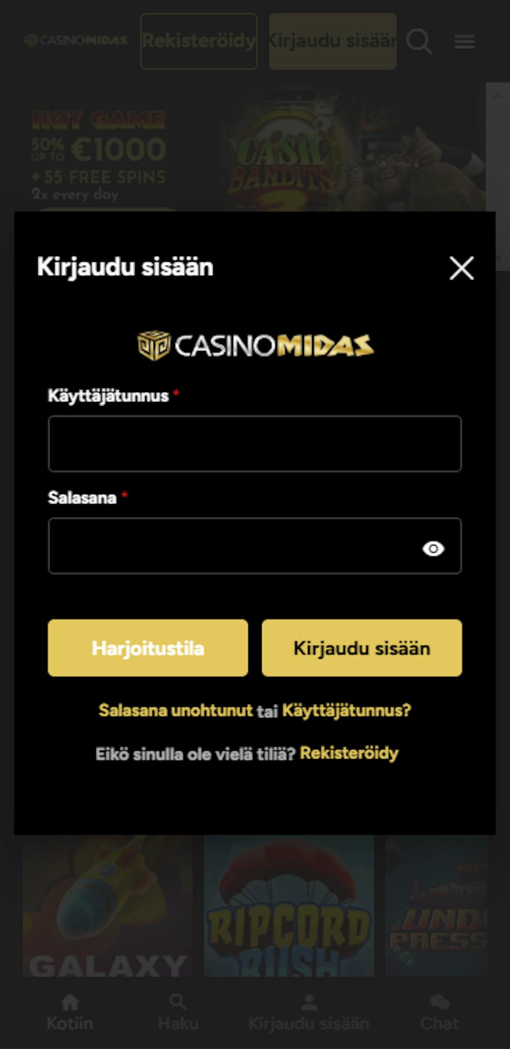 Rekisteröityminen Casino Midas nettikasinolle