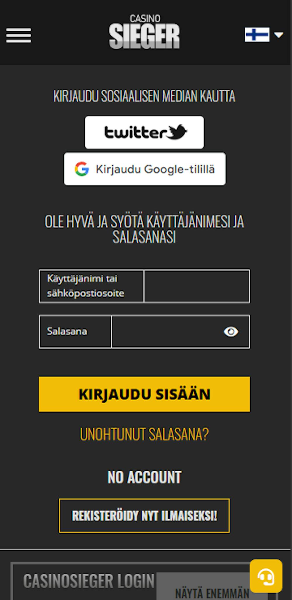 Rekisteröi uusi tili Casino Sieger