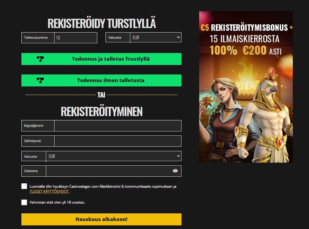 Rekisteröi uusi tili Casino Sieger