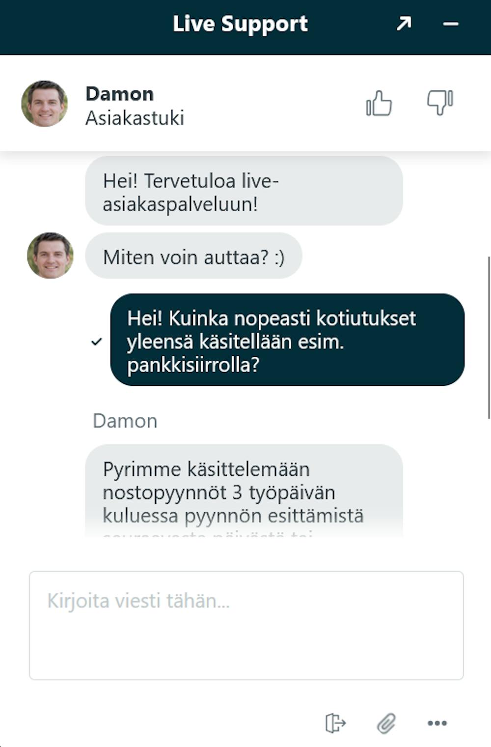 Caspero kasinon asiakaspalvelun chatissa palveltiin suomeksi.
