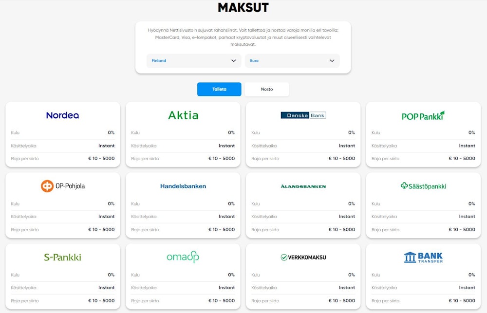 Cazimbo Casinon maksuvaihtoehdot